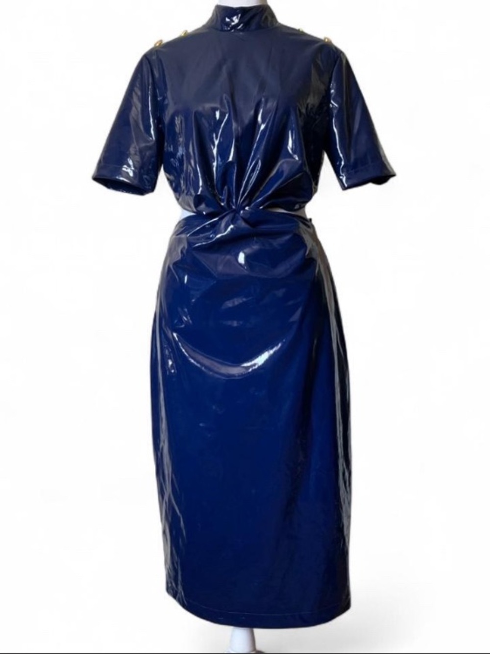 By Egreis Navy Blue Glossy Vinyl Marigold Cutout Midi Dress size Small - Picture 2 of 11